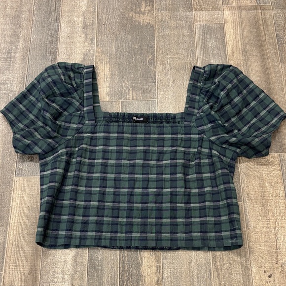 Madewell Hopewell‎ Puff-Sleeve Crop Top Green & Navy Plaid Smocked Back Size M - Picture 2 of 7